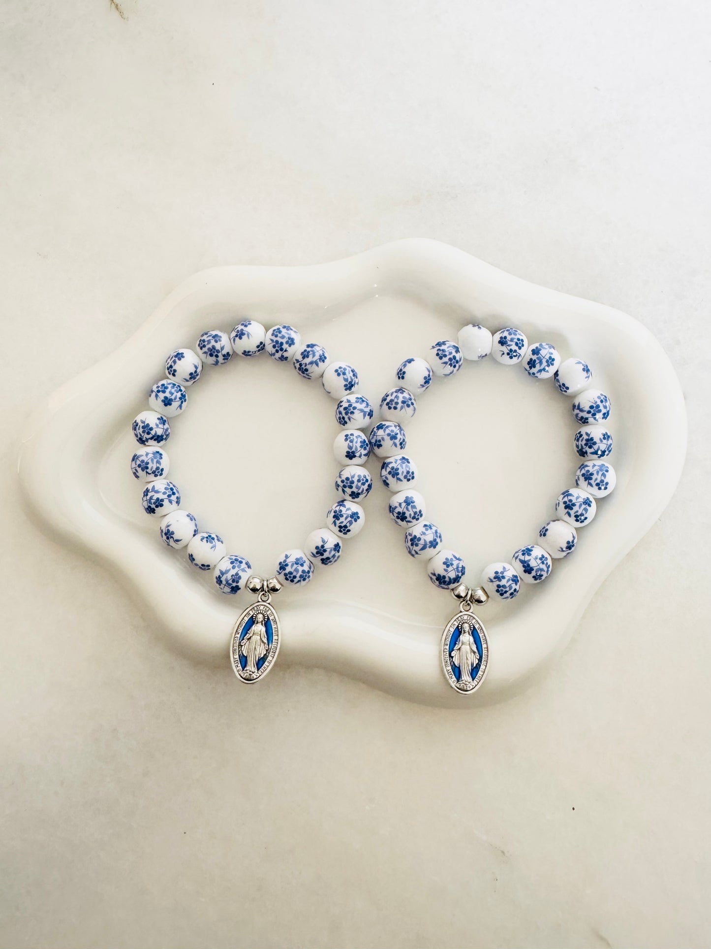 Blue and White Beads Bracelet with Miraculous Medal of Virgin Mary