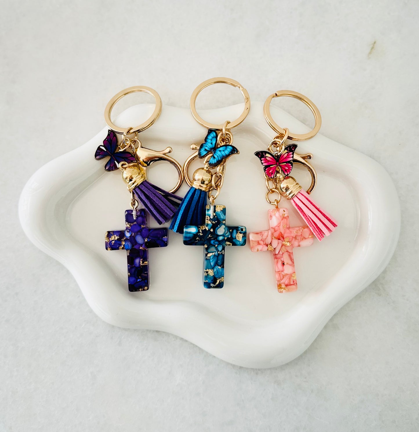 Resin Cross with Butterfly Keyring