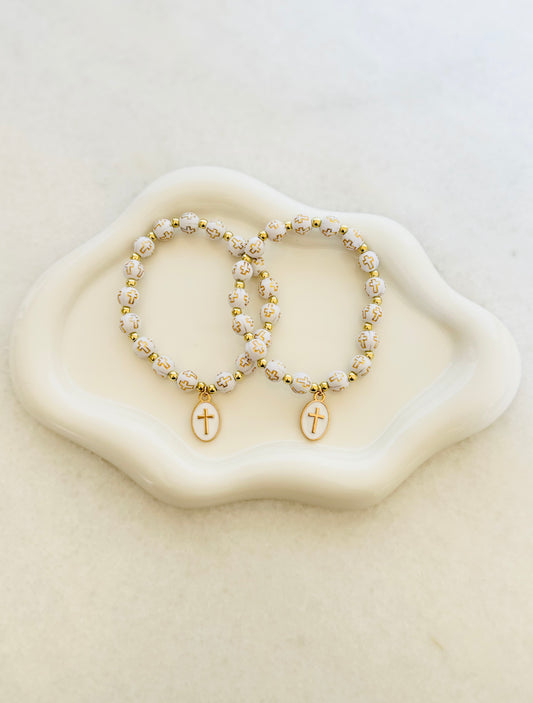 Gold and White Cross Beads Bracelet